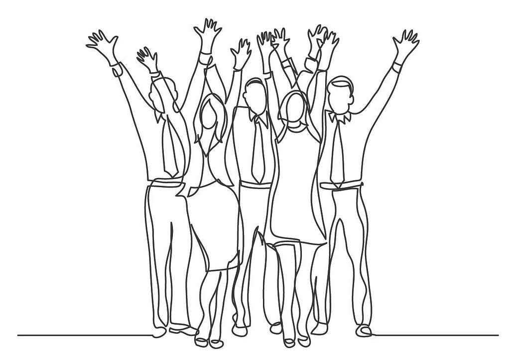 drawing of motivated sales team cheering waving hands